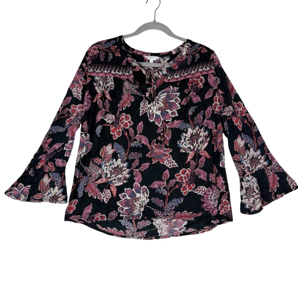 Lucky Brand Blouse Womens Medium Black Floral Bell Sleeve Boho Keyhole Tunic